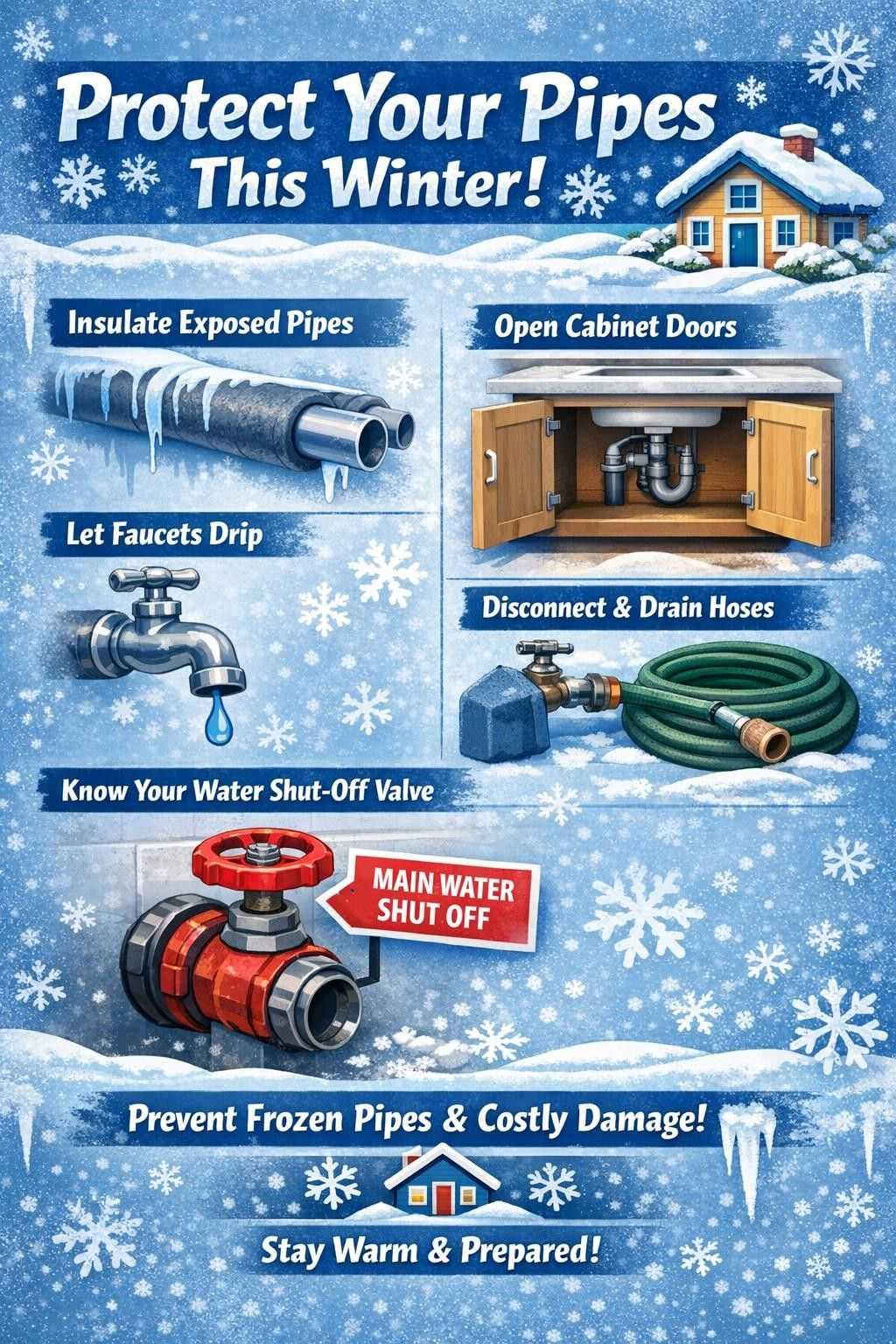 Protect Your Pipes This Winter! Insulate Exposed Pipes, Open Cabinet Doors, Let Faucets Drip, Disconnect & Drain Hoses, Know Your Water Shut-Off Valve, Prevent Frozen Pipes & Costly Damage! Stay Warm & Prepared!