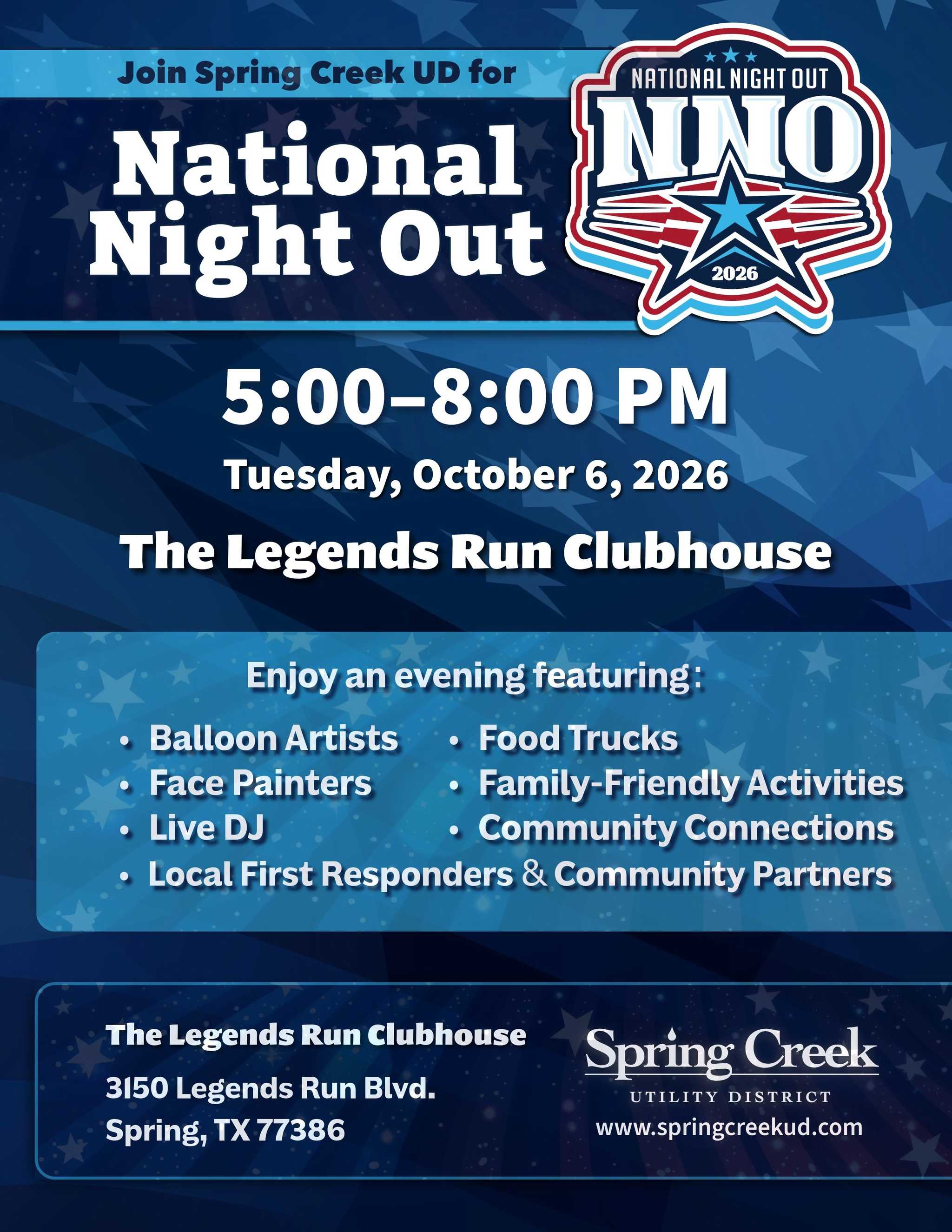 National Night Out 2026 graphic with event logo and white text on a blue star-patterned background, promoting the annual community and public safety awareness event.