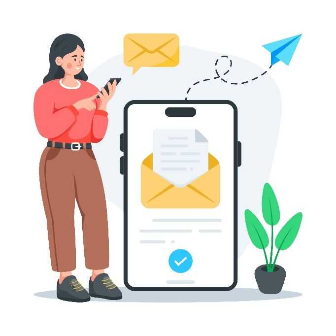 A cartoon depicting a woman holding a phone and sending a message